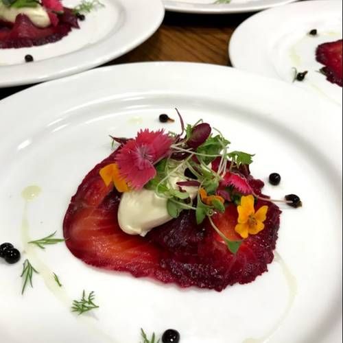 Vodka & Beetroot cured Salmon, Horseradish Cream, Balsamic pearls & Truffle Oil